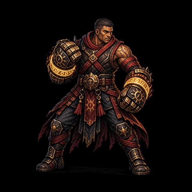 Torren the Dawn Fist wearing two glowing brass rune gauntlets