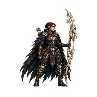 Veyra the Wyrmhunter carrying a carved bone greatbow